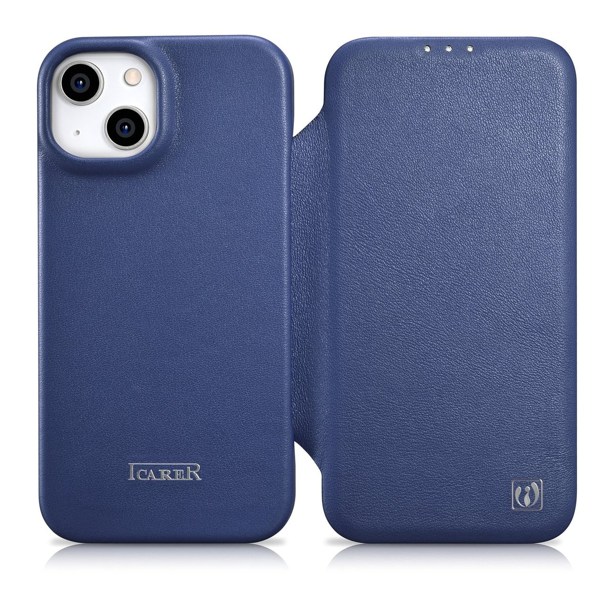 Capa de Couro Premium iCarer CE para iPhone 14, com aba magnética MagSafe, na cor azul (WMI14220713-BU)