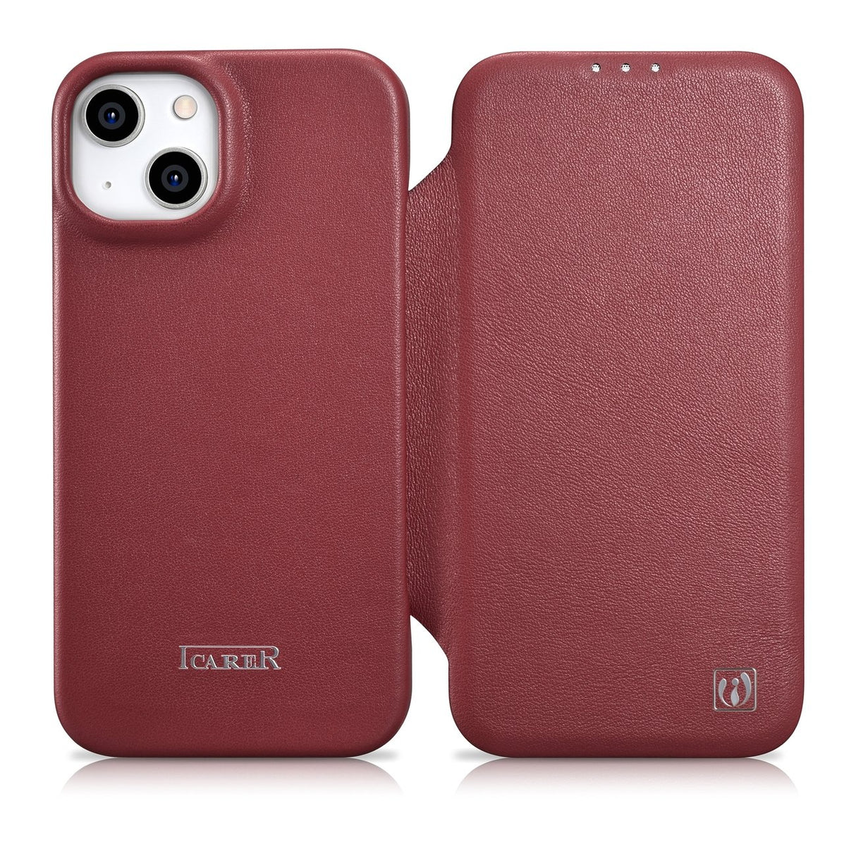 Capa de Couro Premium iCarer CE para iPhone 14 com aba magnética MagSafe vermelha (WMI14220713-RD)