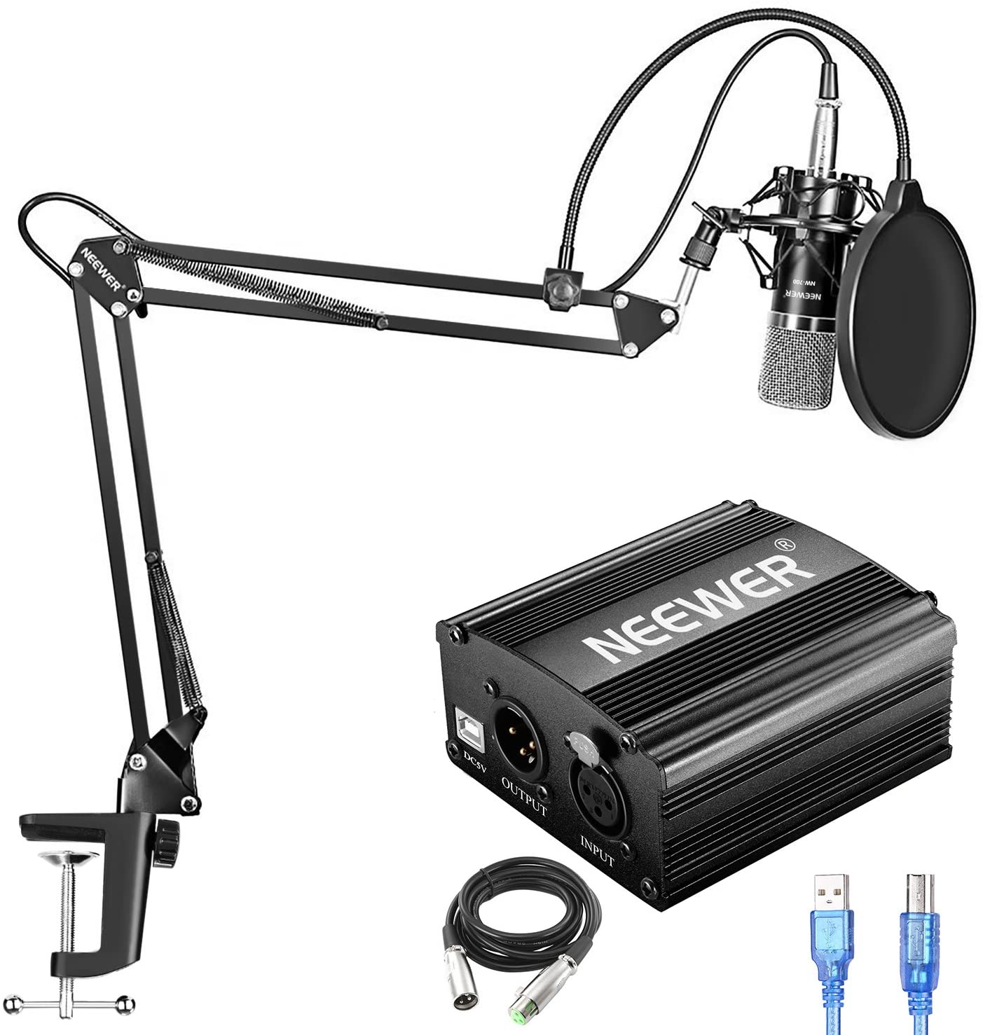 Microfone de Estúdio Neewer NW-700 - Kit Microfone + Suporte + Filtro de Gravação + Carregador + Acessórios