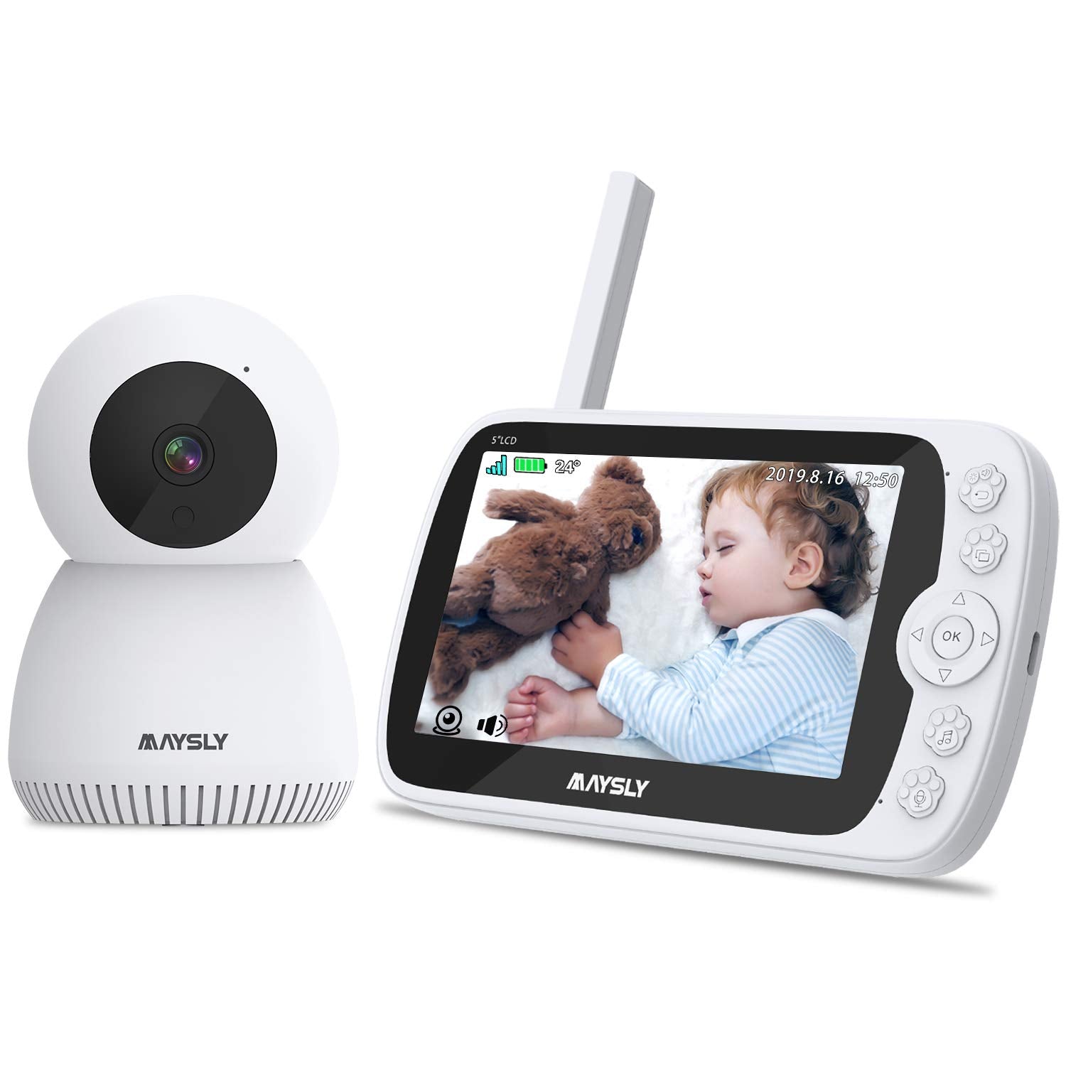 Intercomunicador para Bebé Câmara 1080p Tela 5" Comunicação Bidirecional Visão Noturna Sensor de Temperatura