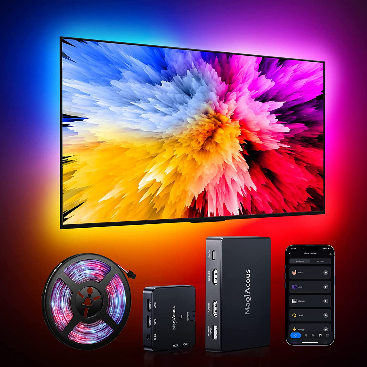 Magicous Sincronizador Ambilight HDMI 2.0 para TV 55" a 65" compatível com Alexa e Google Assistant