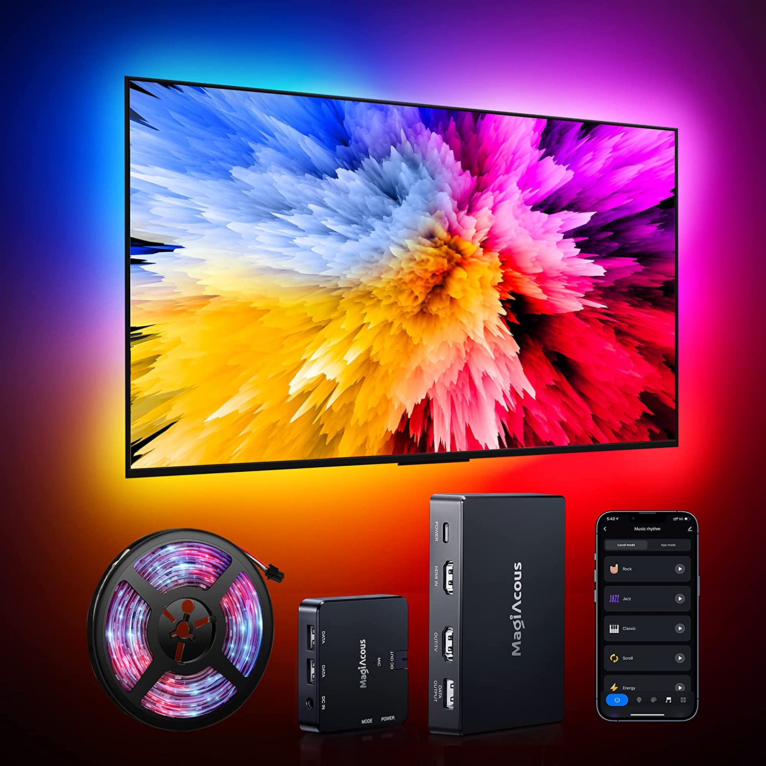 Magicous Sincronizador Ambilight HDMI 2.0 para TV 55" a 65" compatível com Alexa e Google Assistant