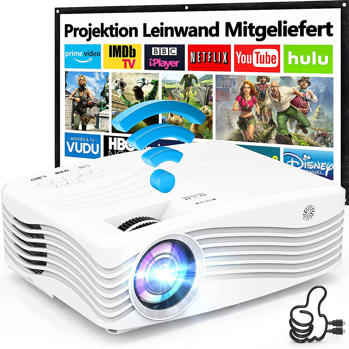 DRQQ Projetor 9500 Lumens WiFi 5G/2.4G Até 300" Android / iOS