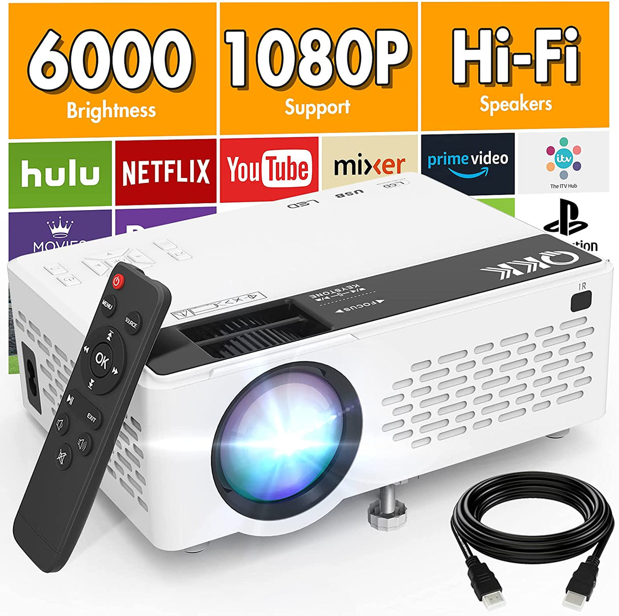 QKK Video Projetor Portátil 6000 Lumens 1080P Full HD HDMI VGA USB TF AV