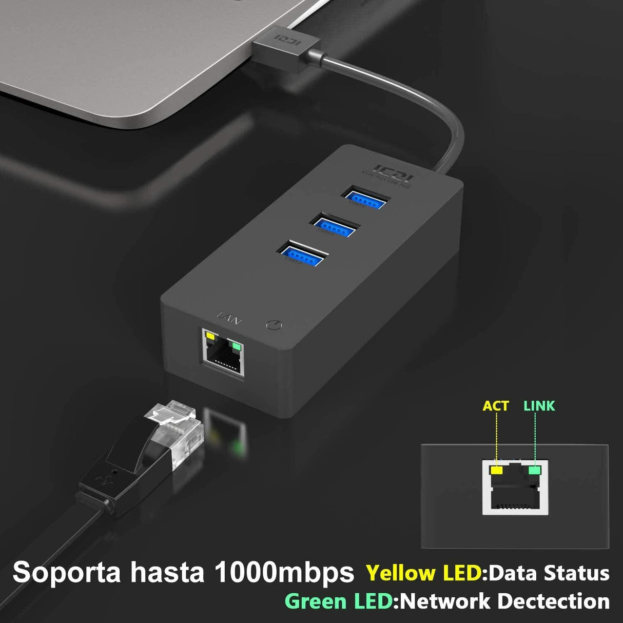 ICZI Adaptador USB 3.0 + HUB 3 Portas USB 3.0 para Ethernet / RJ45