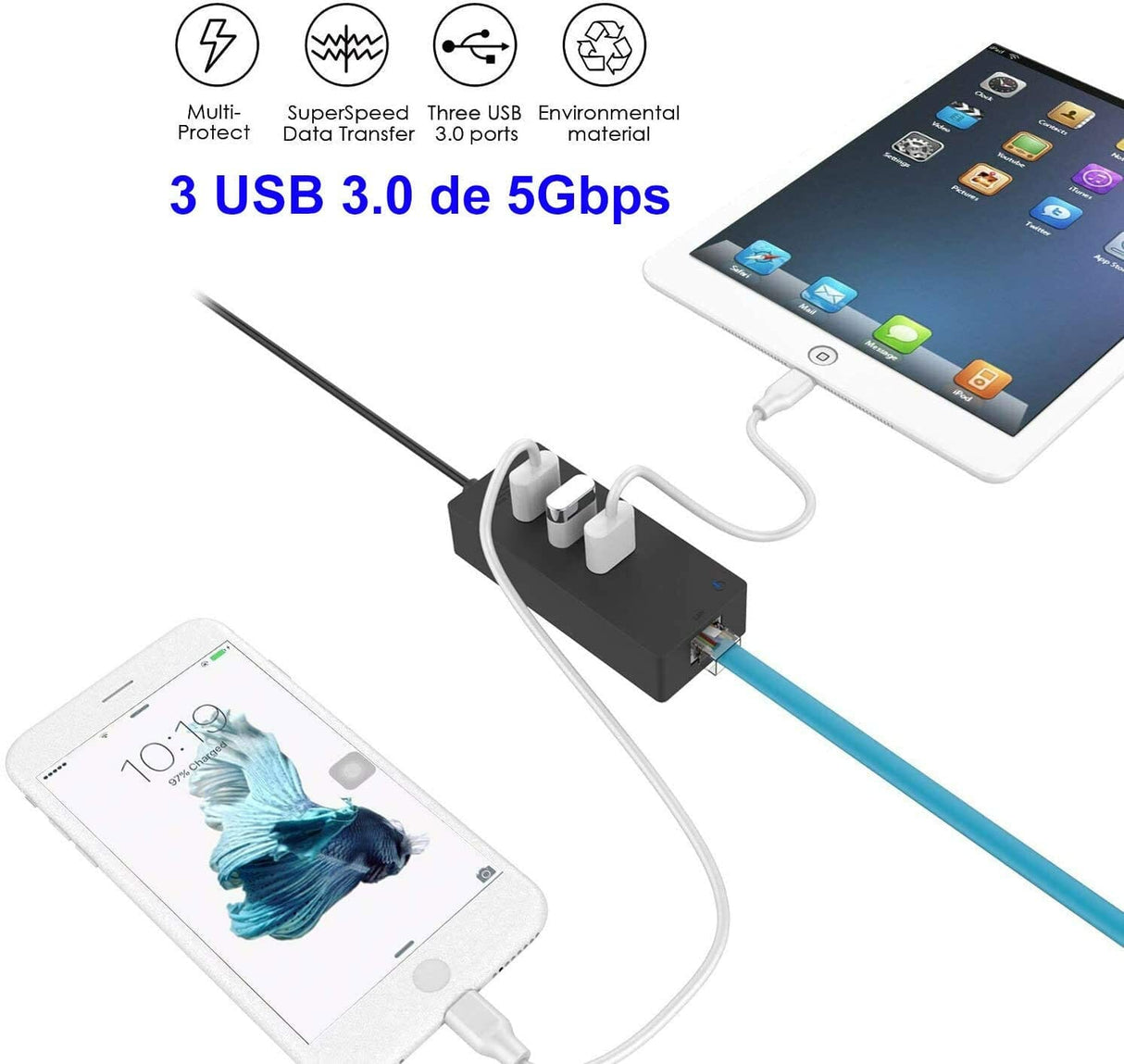 ICZI Adaptador USB 3.0 + HUB 3 Portas USB 3.0 para Ethernet / RJ45