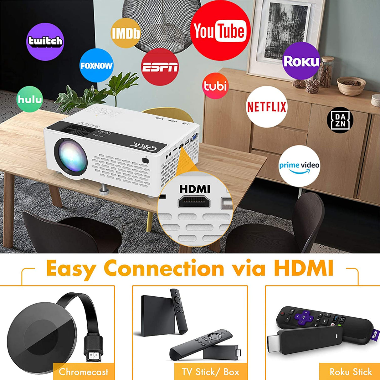 QKK Video Projetor Portátil 6000 Lumens 1080P Full HD HDMI VGA USB TF AV