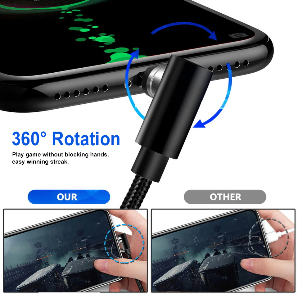 Cabo Magnético USB C / Micro USB / Lightning 90° Ultra Resistente Nylon Trançado