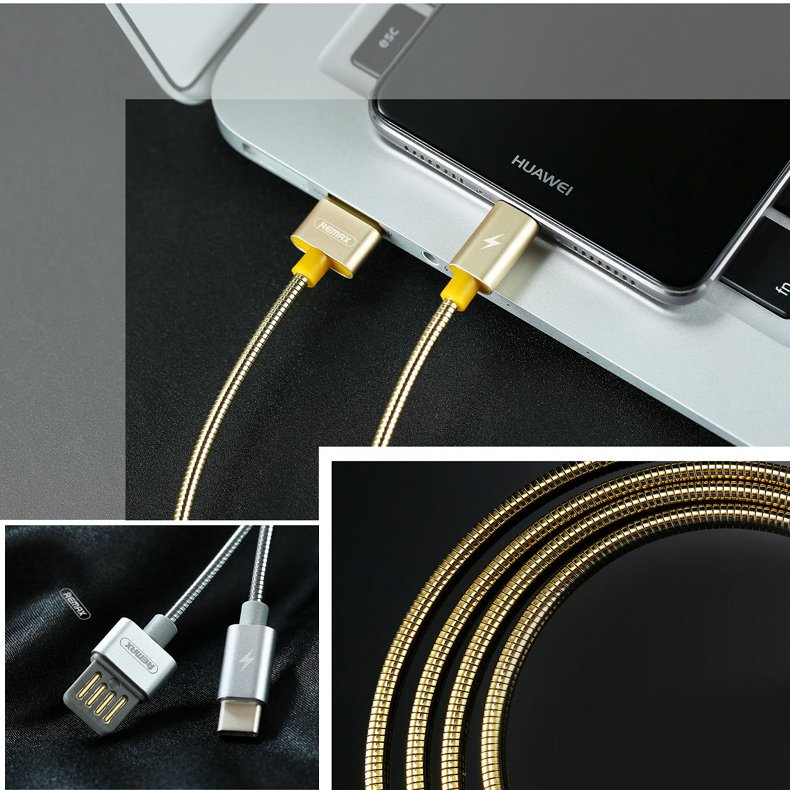 Cabo Remax Silver Serpent RC-080a USB - USB Tipo-C com trança metálica durável 2.1A 1M rosa