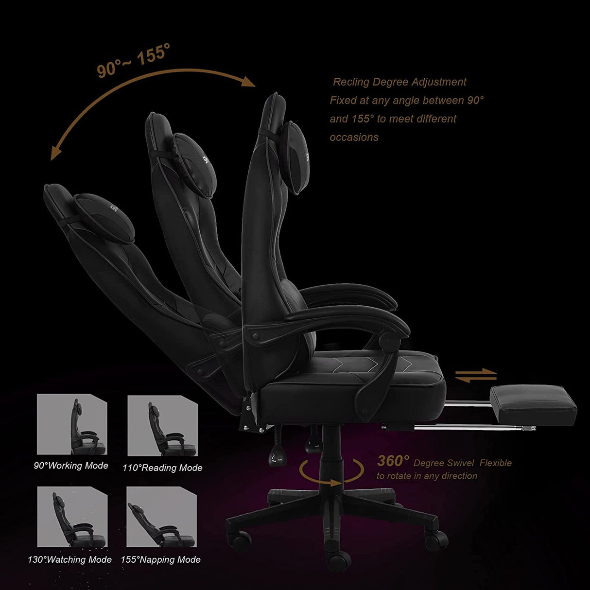 Cadeira Gaming com Massagem Apoio para os Pés e Tapete – Preto