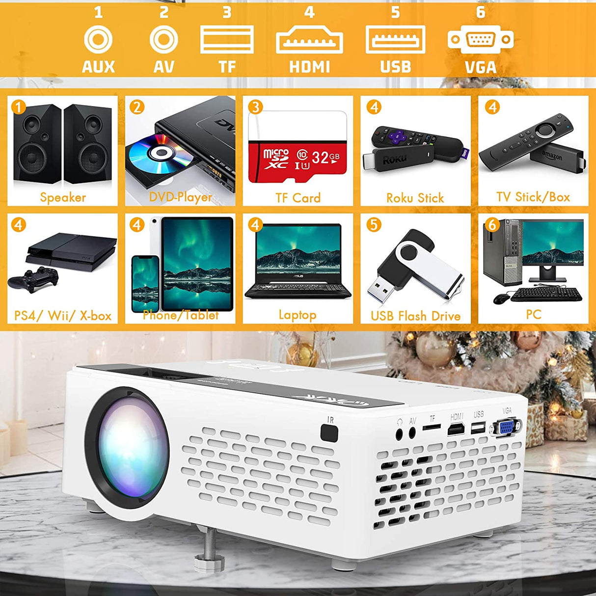 QKK Video Projetor Portátil 6000 Lumens 1080P Full HD HDMI VGA USB TF AV