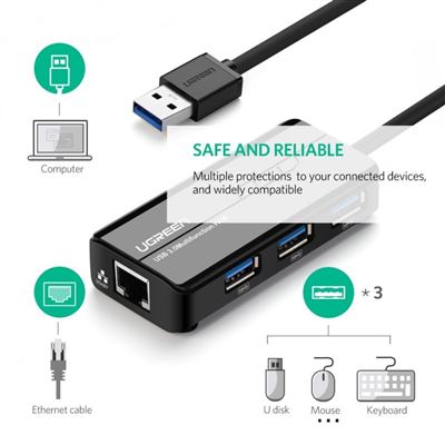 UGreen Adaptador USB 3.0 para Ethernet RJ45 + Hub USB 3.0 - 100/1000