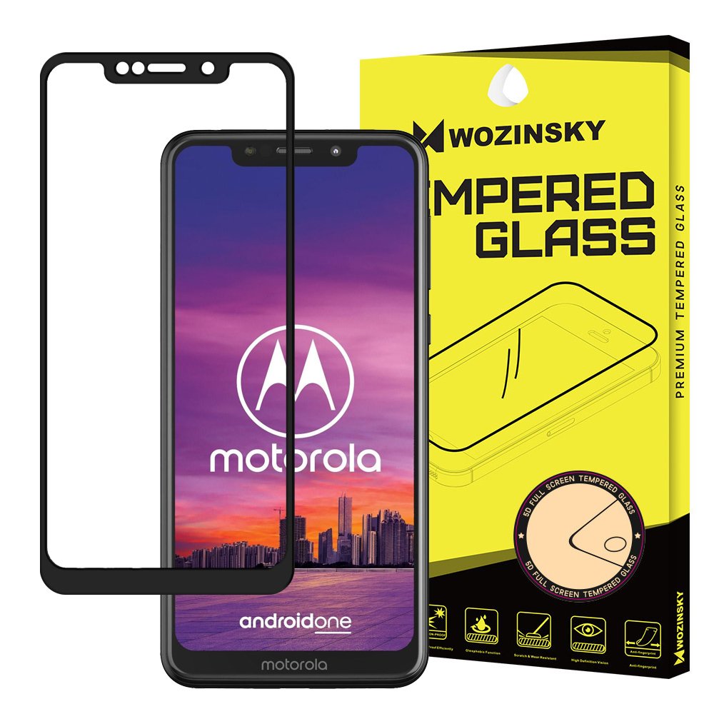 Wozinsky Vidro Temperado Cola Completa Protetor de Tela Super Resistente Totalmente Coberto com Caixa de Moldura Amigável para Motorola One preto