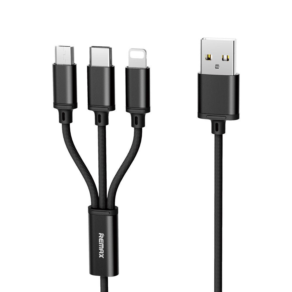 Remax Gition 3in1 RC-131th Nylon trançado USB - cabo micro USB - Lightning - USB-C 2.8A 115M preto