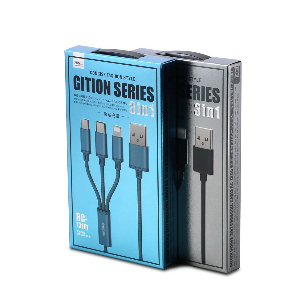 Remax Gition 3in1 RC-131th Nylon trançado USB - cabo micro USB - Lightning - USB-C 2.8A 115M preto