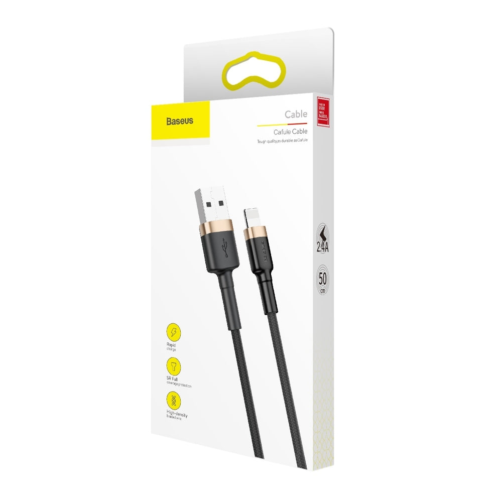 Baseus Cafule Cabo de nylon durável trançado USB  -  Lightning QC3.0 2.4A 05M ouro preto (CALKLF-AV1)