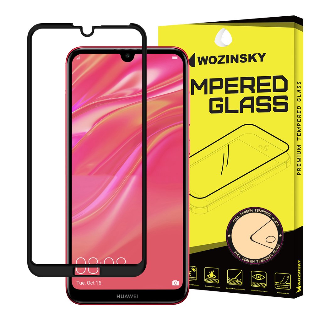 Protetor de tela super resistente de vidro temperado Wozinsky totalmente coberto com moldura compatível para Huawei Y7 2019 - Y7 Pro 2019 - Y7 Prime 2019 preto