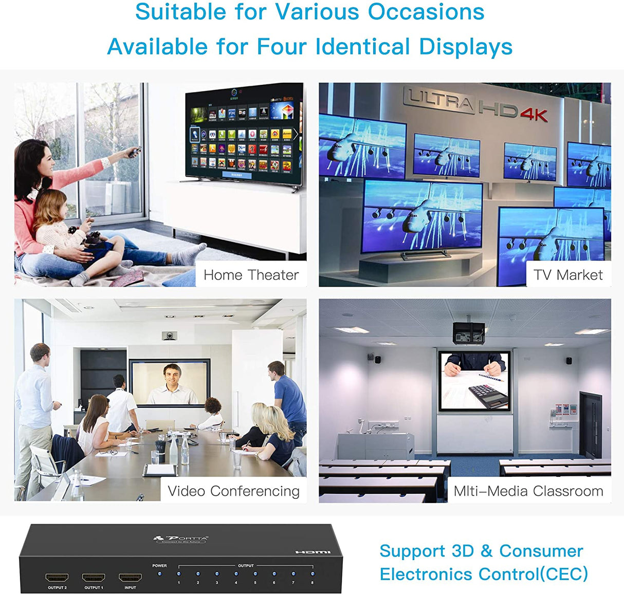 Portta Splitter Multiplicador HDMI 1 x 8 1 Entrada 8 Saídas Full HD 1080p 3D