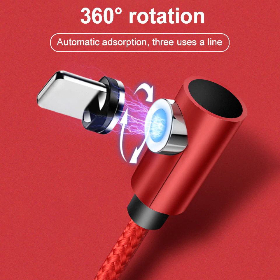 Cabo Magnético USB C / Micro USB / Lightning 90° Ultra Resistente Nylon Trançado