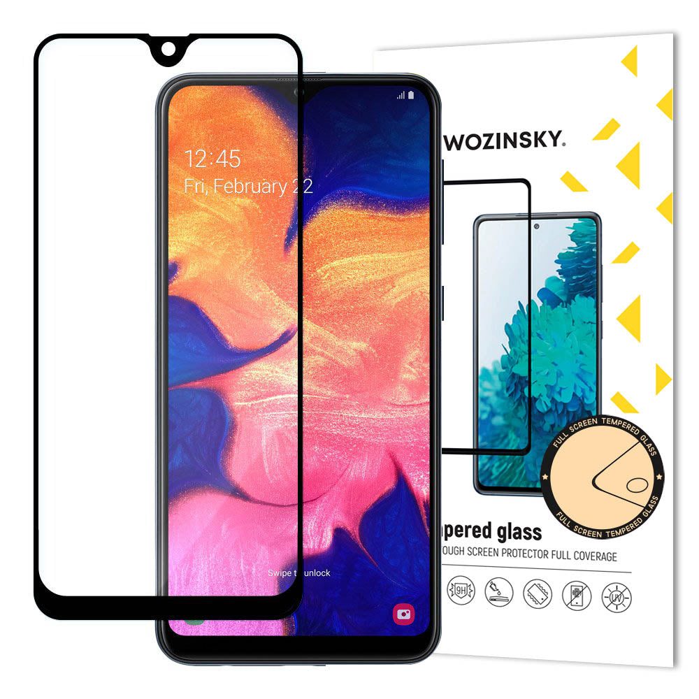 Wozinsky vidro temperado cola total protetor de tela super resistente totalmente coberto com moldura amigável para Samsung Galaxy A10 preto