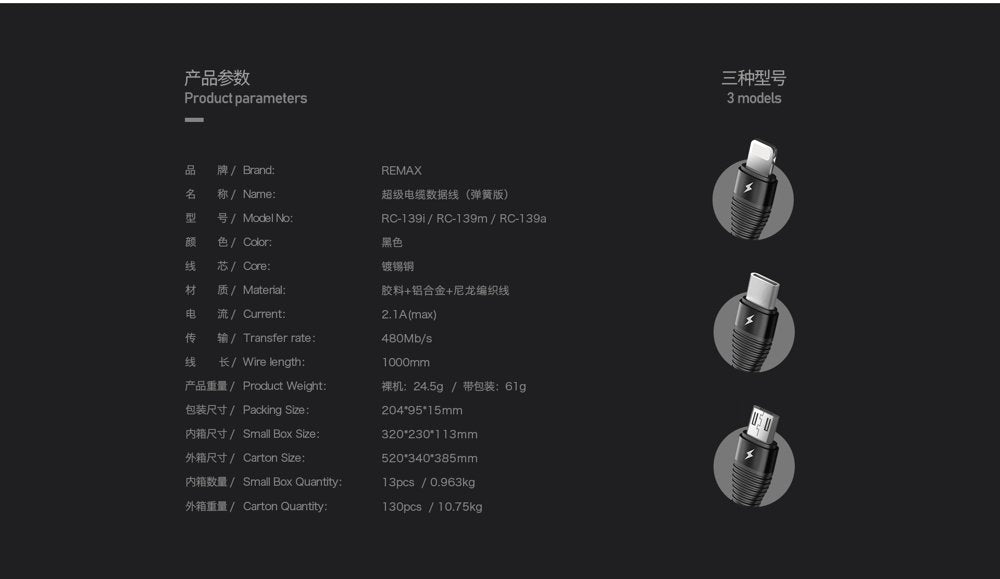 REMAX Super Spring Data Cable com Nylon Wire USB - micro USB 120cm 2.1A preto (RC-139m preto)