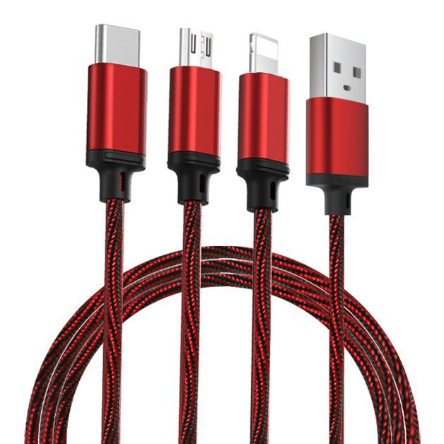 Remax Agile 3 em 1 RC-131th Nylon trançado USB - cabo micro USB - Lightning - USB-C 2.8A 1m vermelho (PD-B31th vermelho)