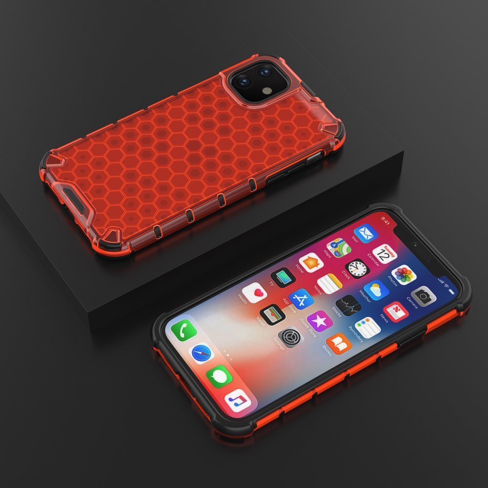 Capa de armadura em caixa de favo de mel com pára-choque de TPU para iPhone 11 vermelho