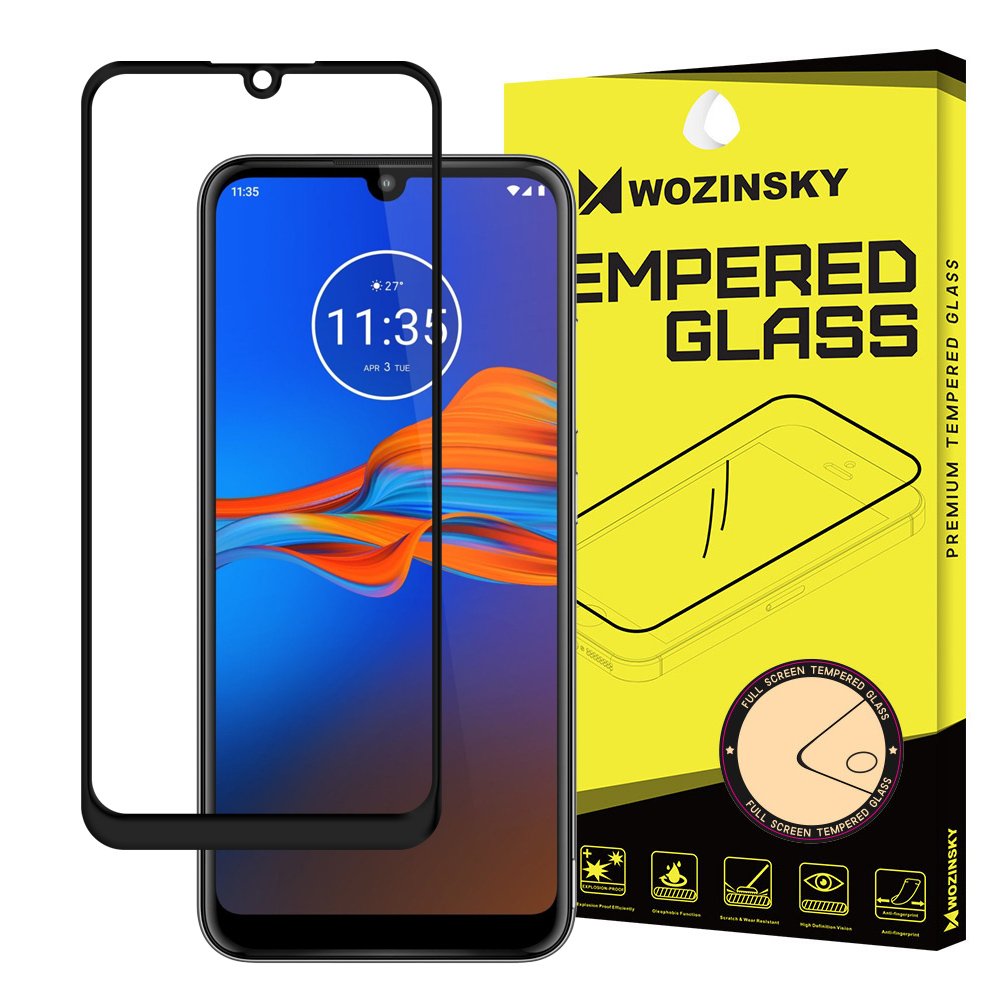 Protetor de tela super resistente de vidro temperado Wozinsky totalmente coberto com moldura compatível para Motorola Moto E6 Plus transparente