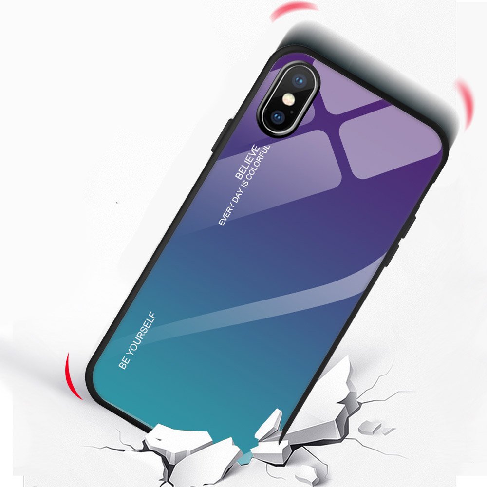 Tampa durável de vidro gradiente com parte traseira de vidro temperado iPhone XS - iPhone X verde-roxo