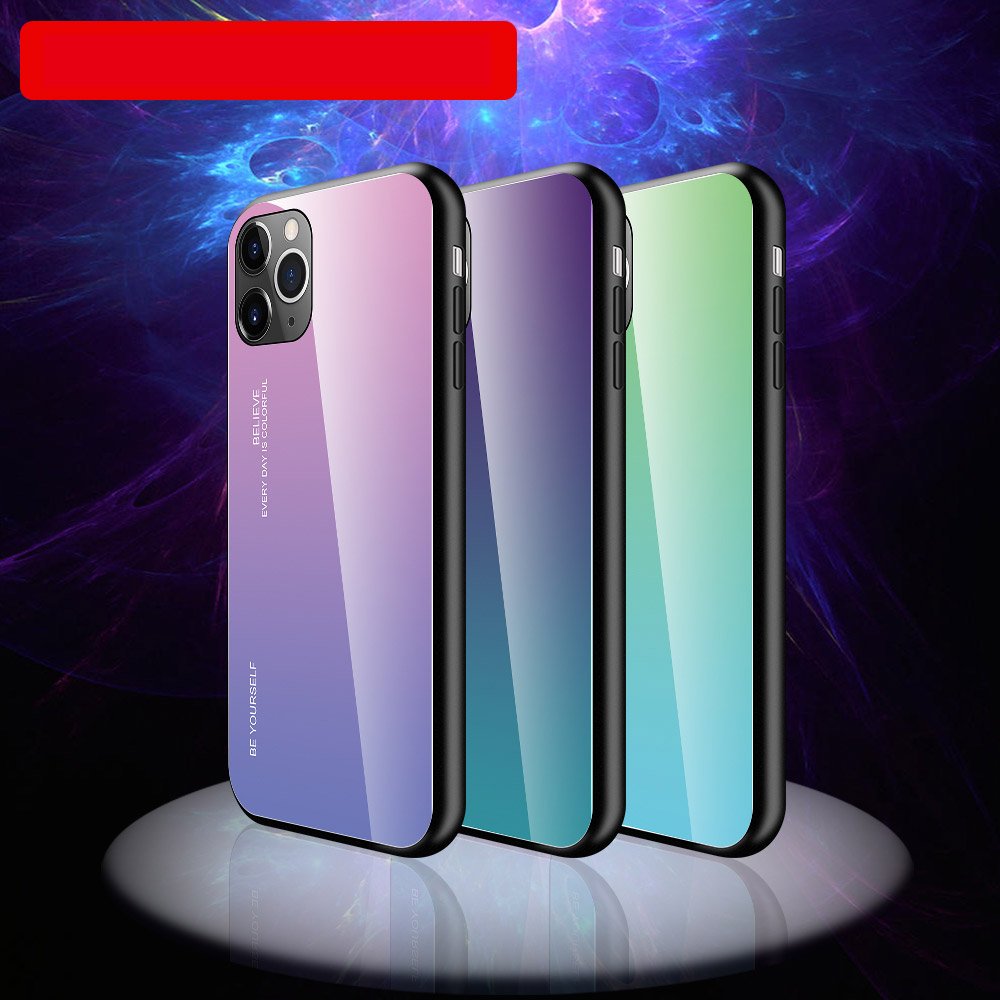 Tampa durável de vidro gradiente com parte traseira de vidro temperado iPhone 11 Pro verde-roxo