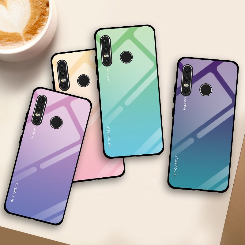 Tampa durável de vidro gradiente com parte traseira de vidro temperado Huawei P30 Lite verde-roxo