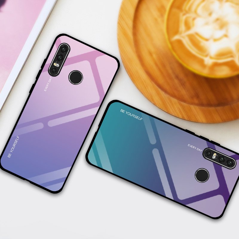 Tampa durável de vidro gradiente com parte traseira de vidro temperado Huawei P30 Lite verde-roxo