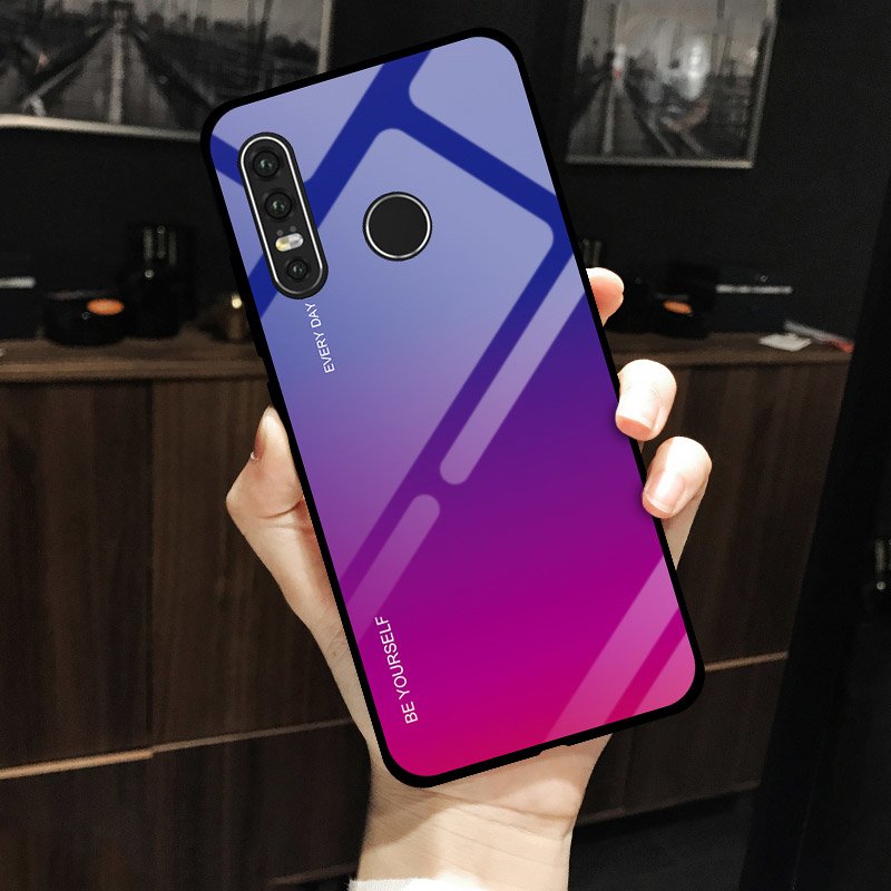 Tampa durável de vidro gradiente com parte traseira de vidro temperado Huawei P30 Lite verde-roxo