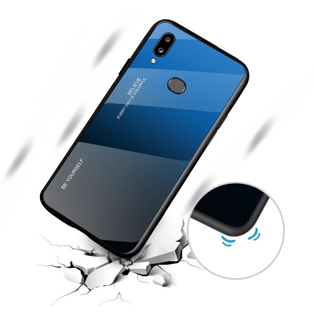 Tampa durável de vidro gradiente com parte traseira de vidro temperado Samsung Galaxy A20e rosa-roxo