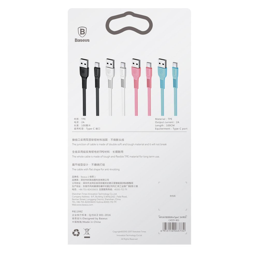Baseus Tough flat USB - USB Tipo-C 2A 1m cabo branco (CATZY-B02)