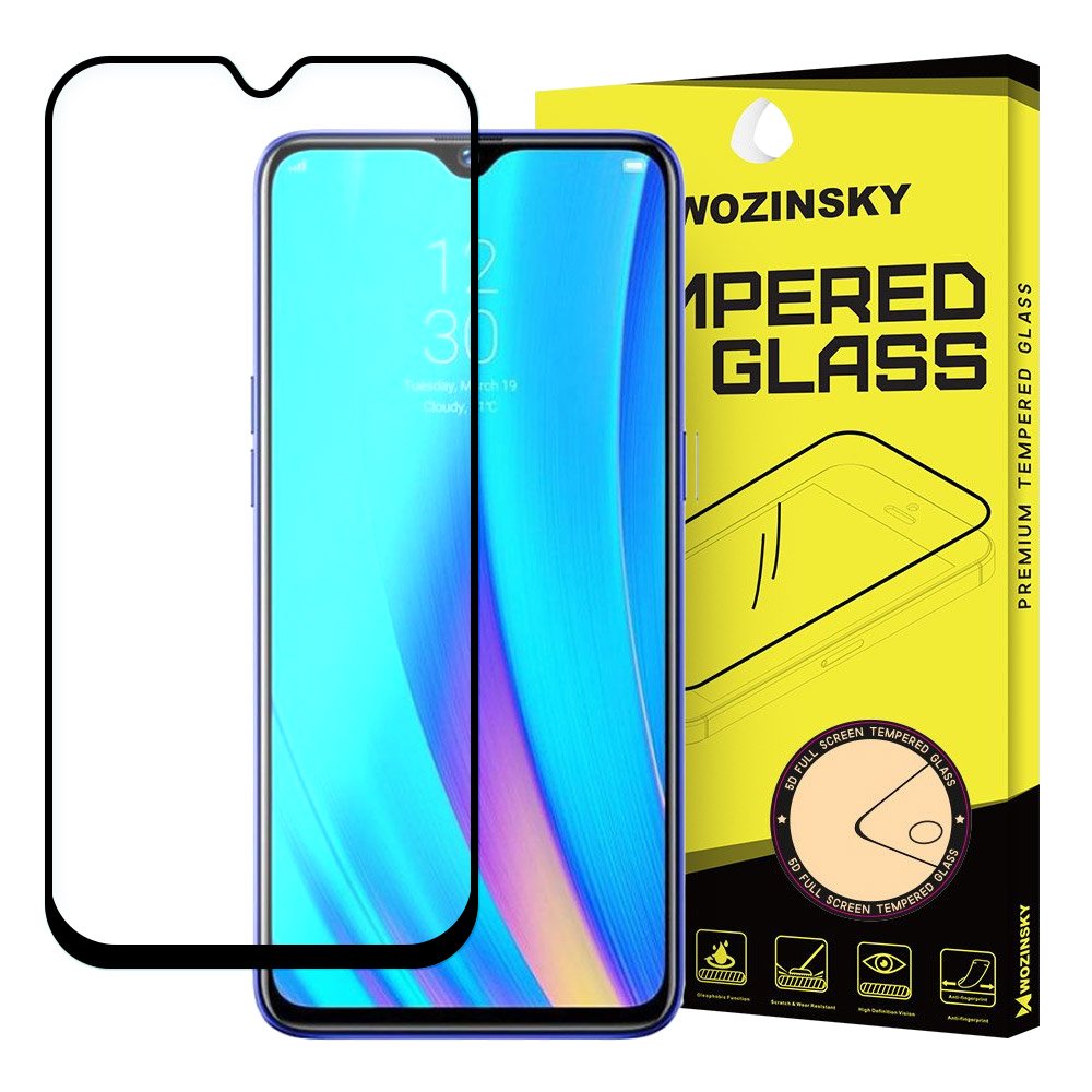Wozinsky vidro temperado cola total protetor de tela super resistente totalmente coberto com moldura amigável para Realme 3 Pro preto