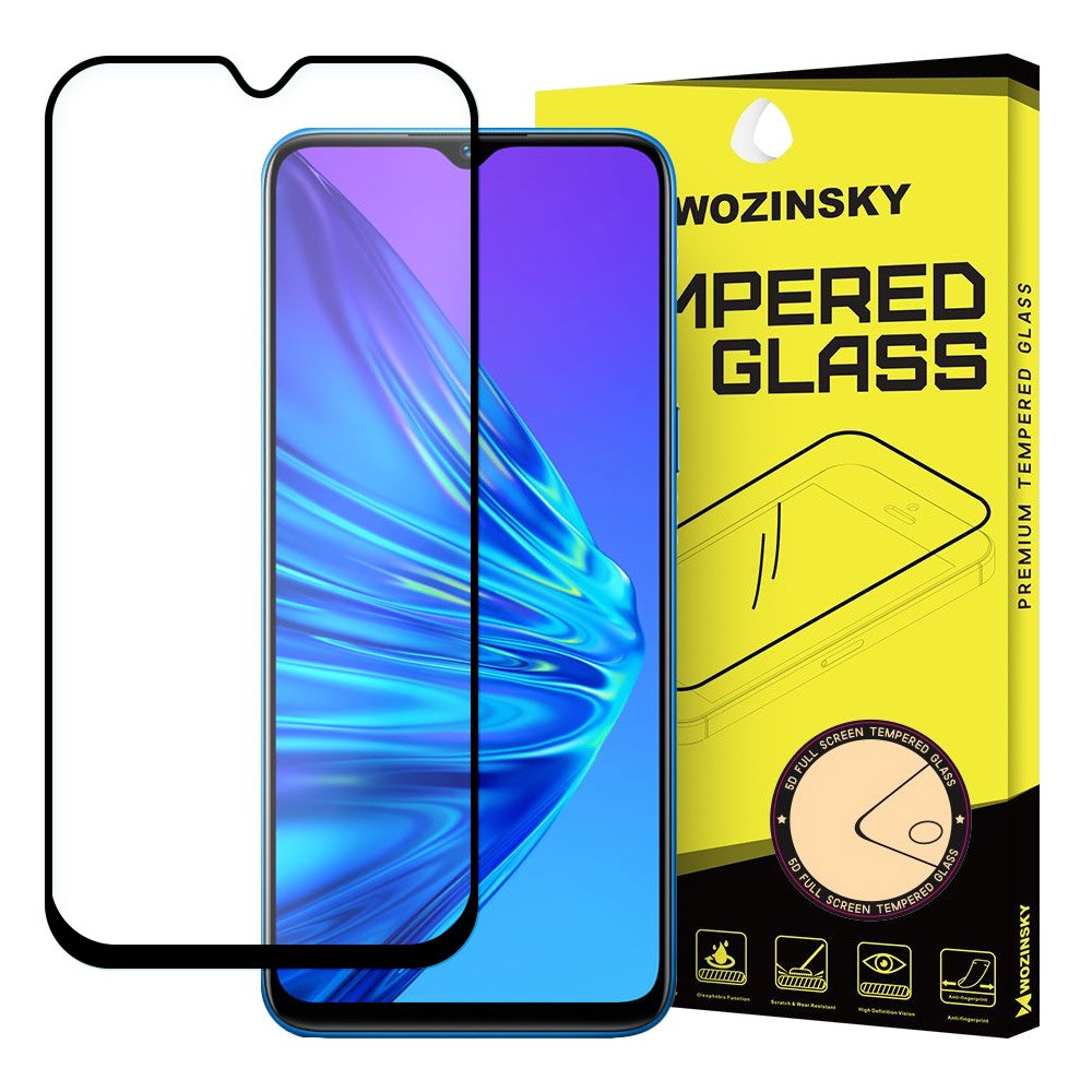 Wozinsky Vidro Temperado Cola Completa Protetor de Tela Super Resistente Totalmente Coberto com Moldura Amigável para Realme 5 preto