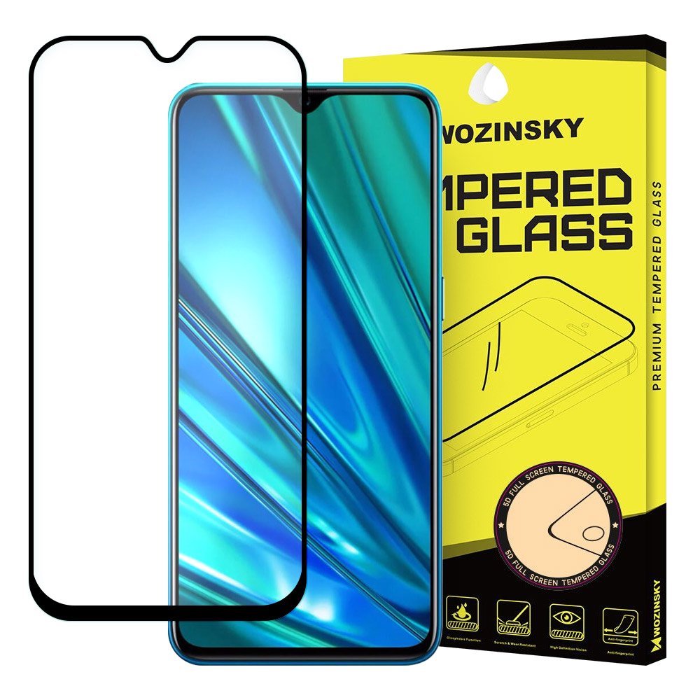 Wozinsky vidro temperado cola total protetor de tela super resistente totalmente coberto com moldura amigável para Realme 5 Pro preto