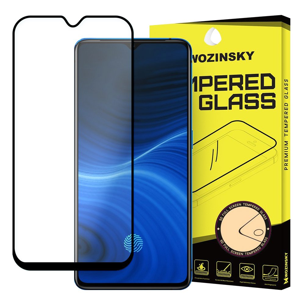 Wozinsky vidro temperado cola total protetor de tela super resistente totalmente coberto com moldura amigável para Realme X2 Pro preto