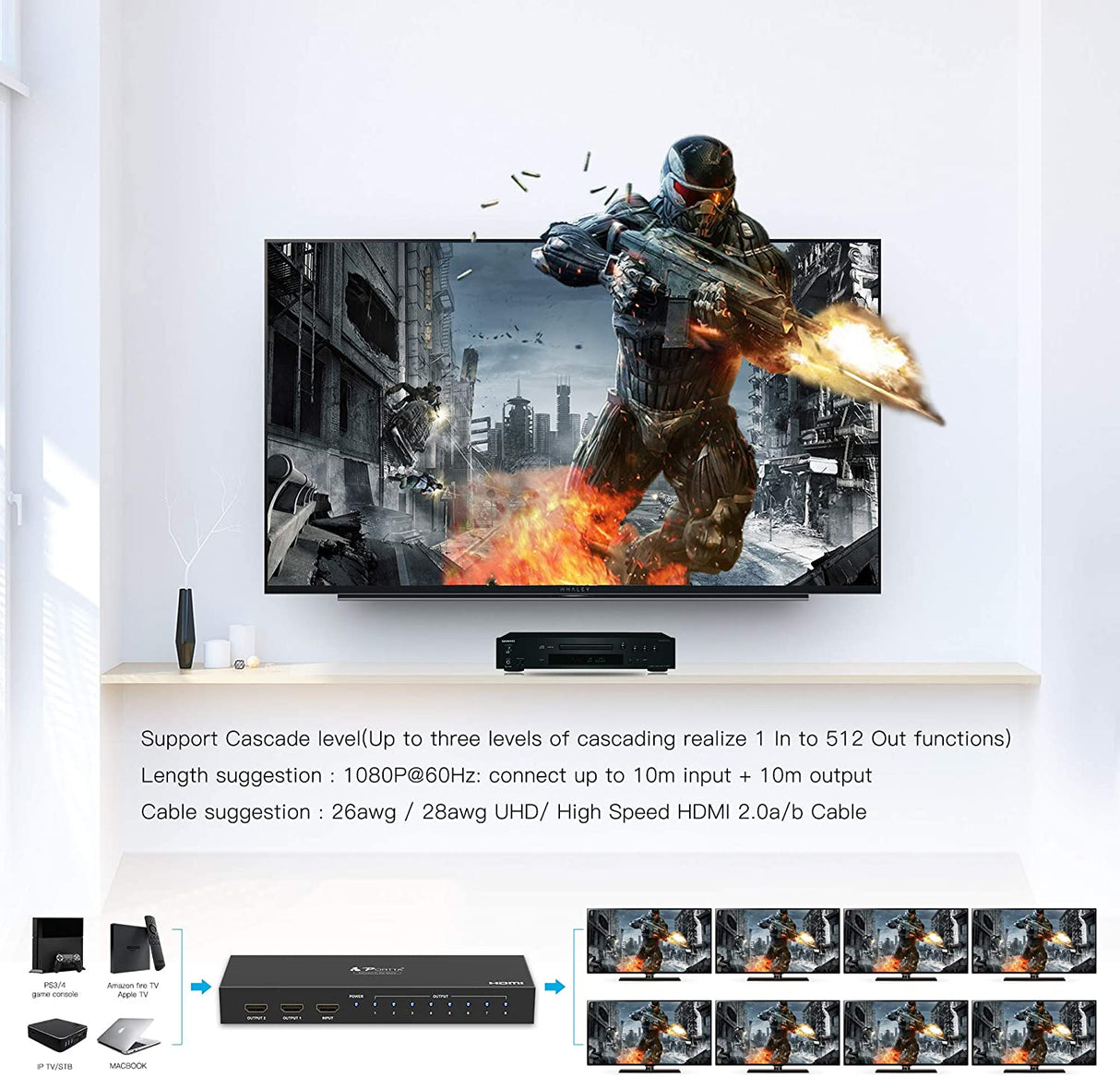 Portta Splitter Multiplicador HDMI 1 x 8 1 Entrada 8 Saídas Full HD 1080p 3D