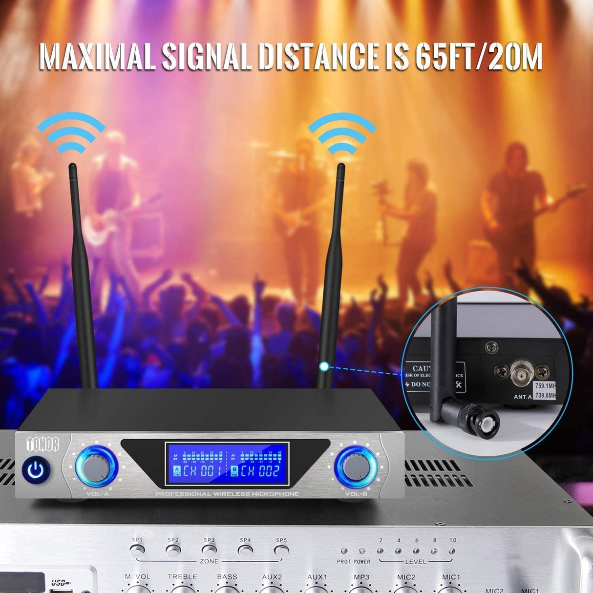 TONOR Microfone Wireless VHF com Receptor 2 Canais