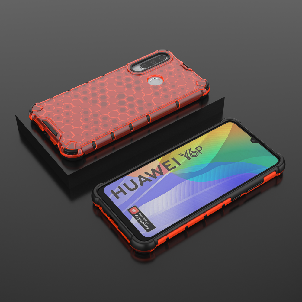 Capa de armadura de favo de mel com pára-choque de TPU para Huawei Y6p vermelho