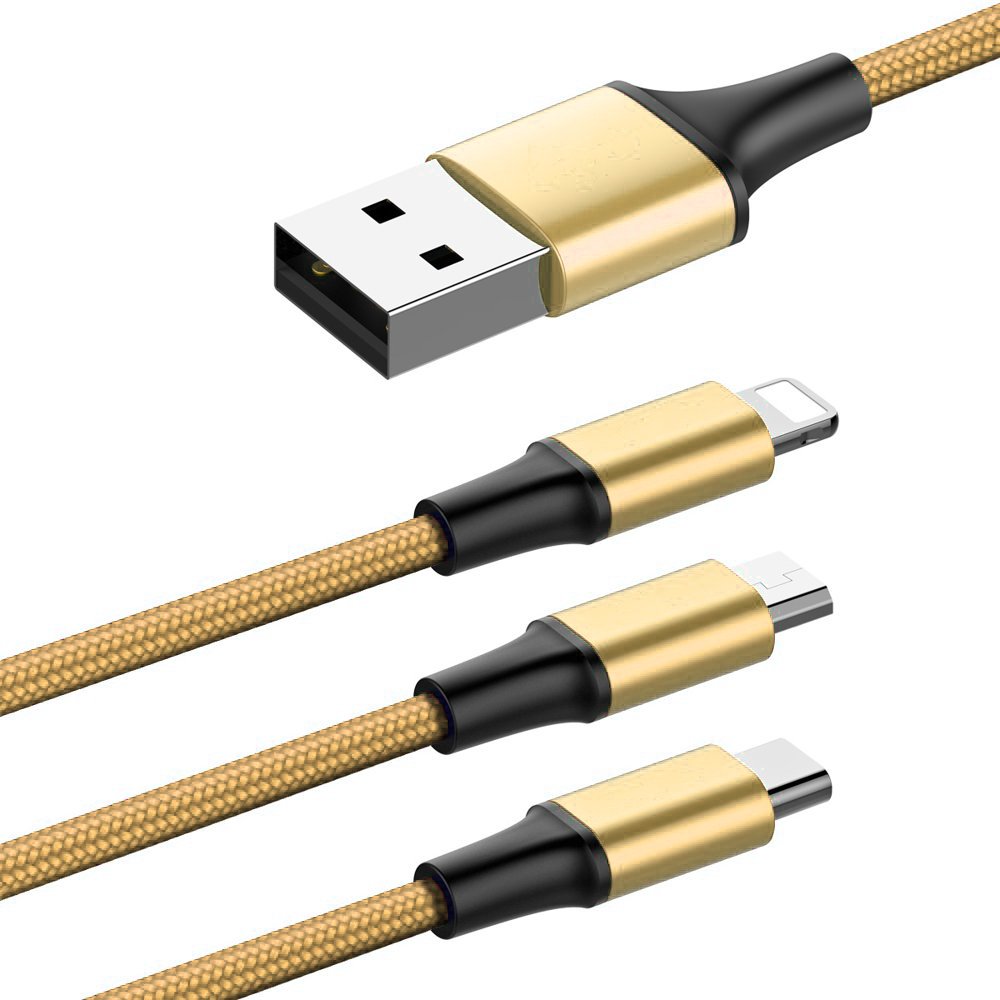 3 em 1 Nylon trançado USB - micro USB - Lightning - cabo USB-C 2 A 1 m ouro