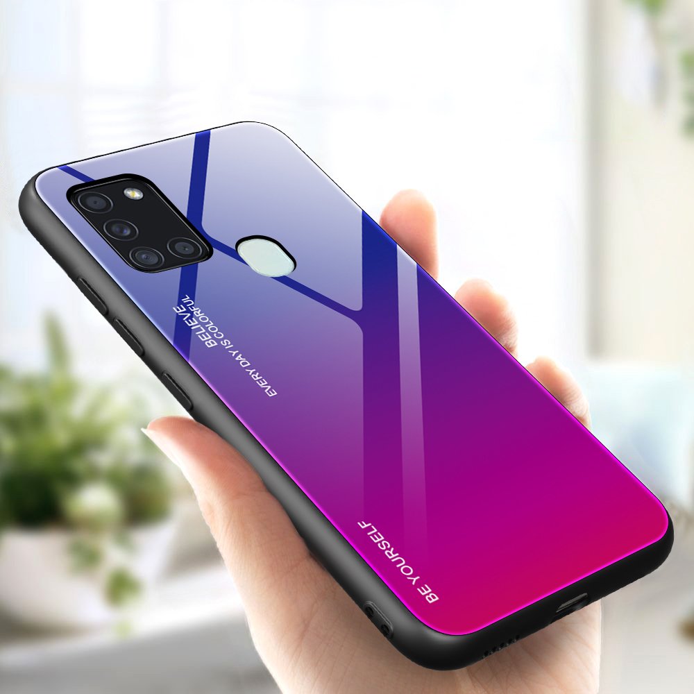 Tampa durável de vidro gradiente com parte traseira de vidro temperado Samsung Galaxy A21S rosa-roxo
