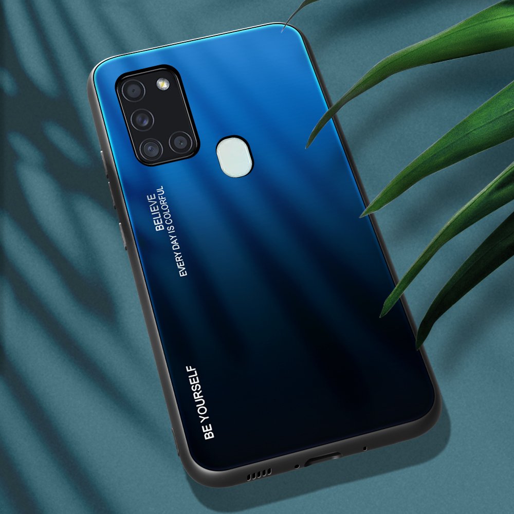 Tampa durável de vidro gradiente com parte traseira de vidro temperado Samsung Galaxy A21S preto-azul