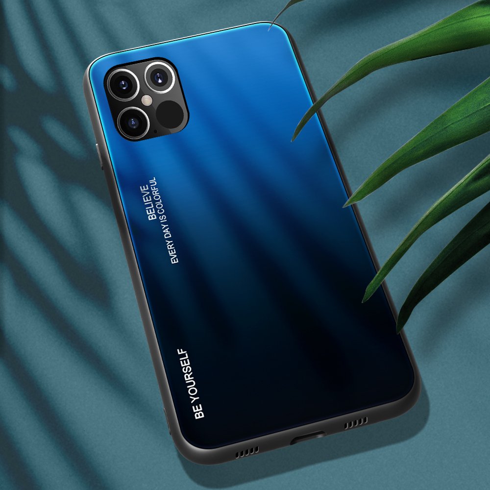 Tampa durável de vidro gradiente com fundo de vidro temperado iPhone 12 Pro Max preto-azul