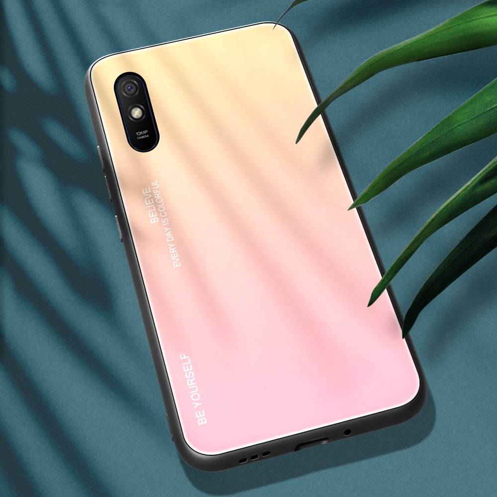Tampa durável de vidro gradiente com parte traseira de vidro temperado Xiaomi Redmi 9A rosa