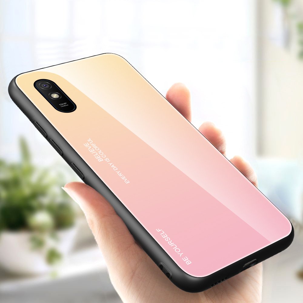 Tampa durável de vidro gradiente com parte traseira de vidro temperado Xiaomi Redmi 9A rosa