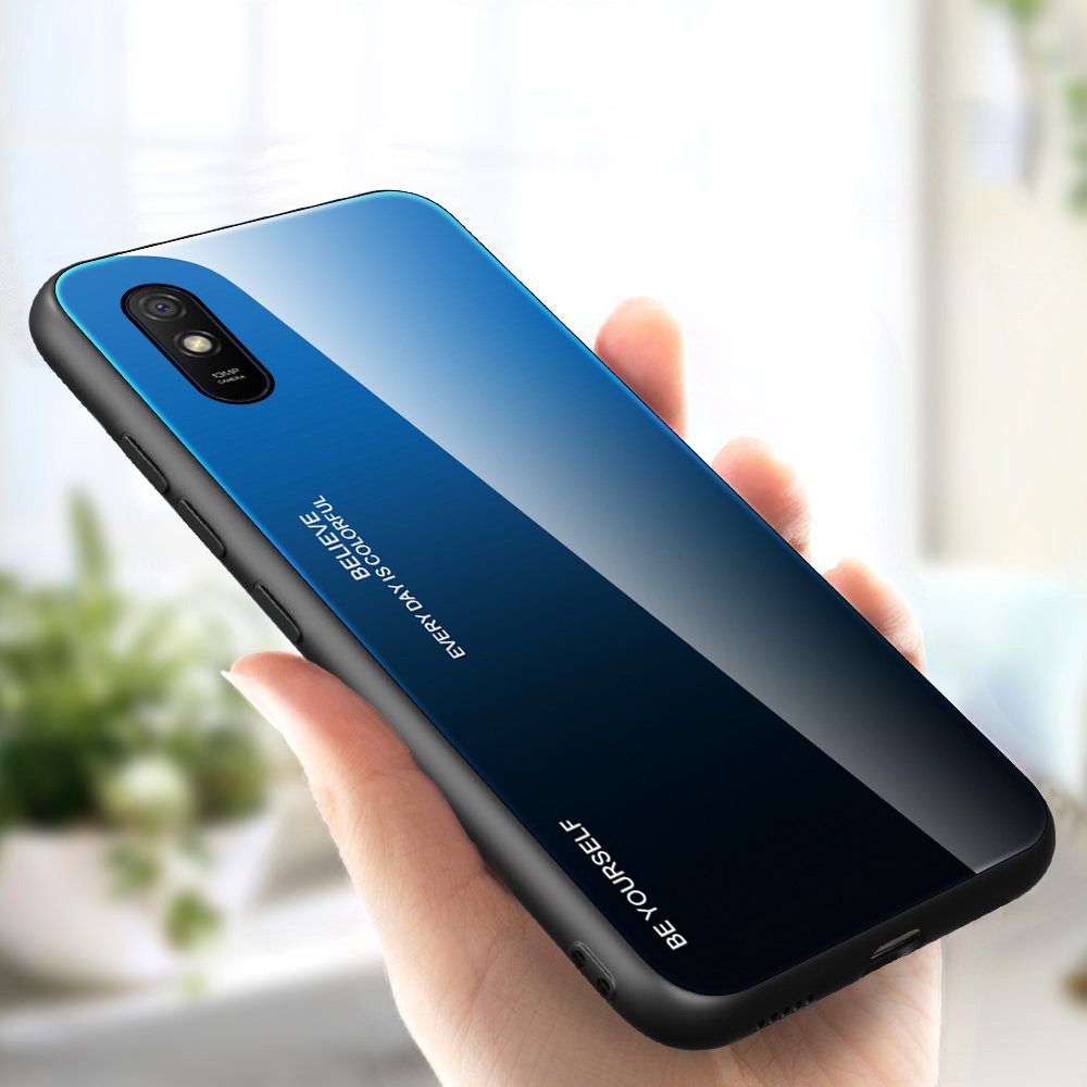 Tampa durável de vidro gradiente com parte traseira de vidro temperado Xiaomi Redmi 9A preto-azul