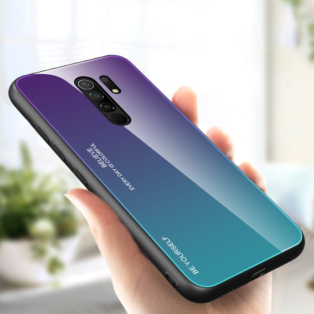 Tampa durável de vidro gradiente com fundo de vidro temperado Xiaomi Redmi 9 verde-roxo